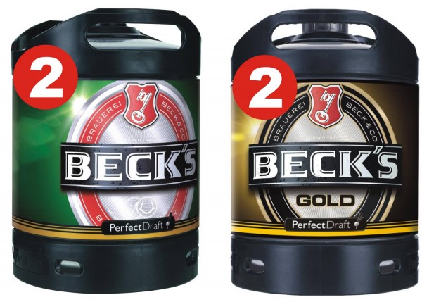 2 x Becks Pils + 2 x Becks Gold Perfect Draft 6 Liter Fass 4,9 % vol. MEHRWEG