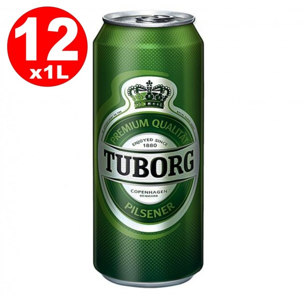 12 x 1 liter blikken Tuborg Pilsener uit Denemarken 4,9% Vol.-_ Wegwerp
