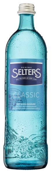 12 x Selters Original Classic 0,75 l Gastro glazen fles blauw in herbruikbare kartonnen doos met statiegeld